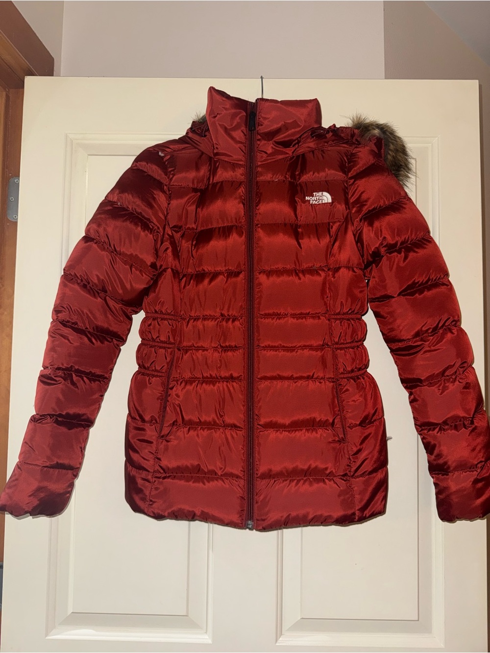 The North Face Women's Crimson Red Quilted Puffer Jacket with Faux Fur Trim